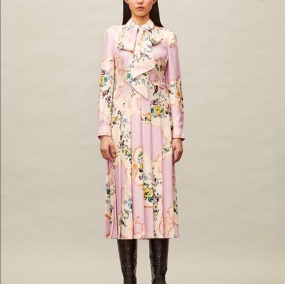 Tory Burch Dresses & Skirts - Tory Burch 10 Floral Print Tie Neck Silk Dress in Pink